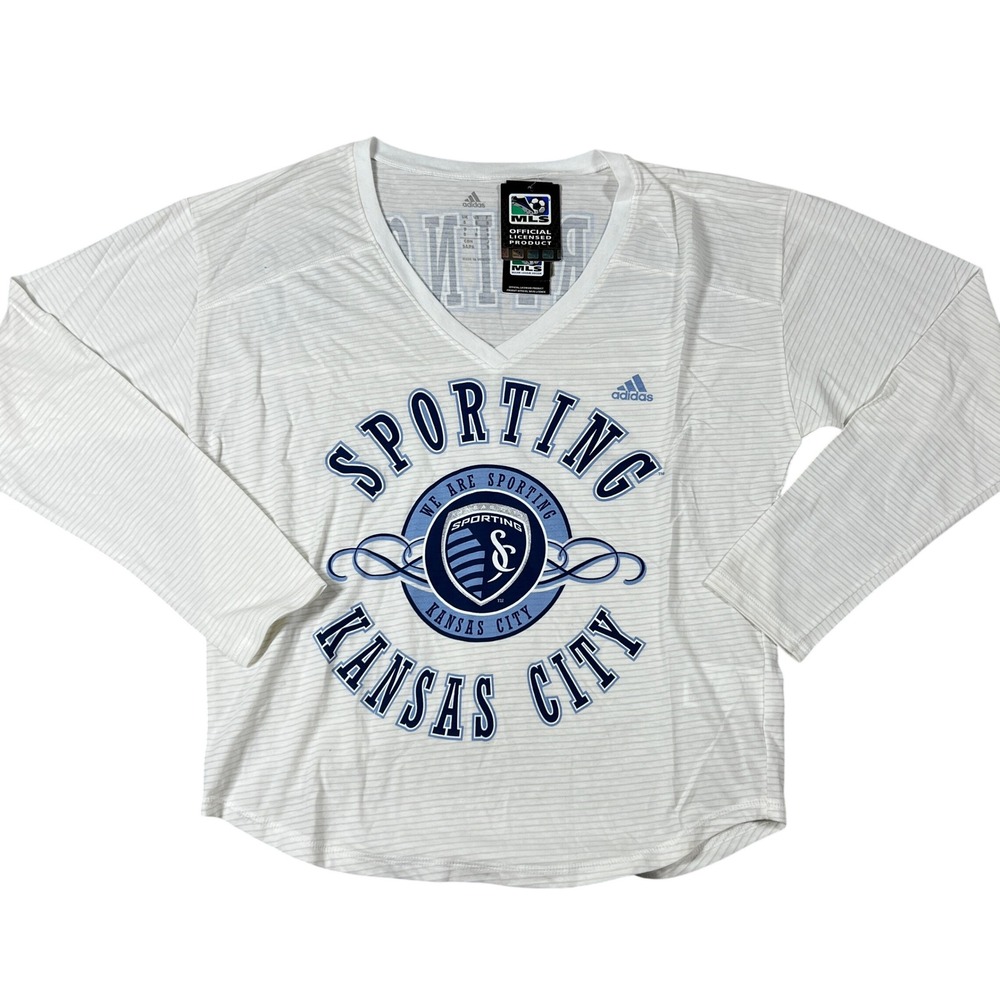 Adidas Sporting Kansas City MLS Womens White Striped Long Sleeve V-Neck Shirt S
